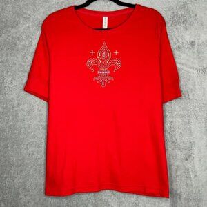 White Stag XL Top Shirt Red Solid Round Neck Short Sleeve Embellished Cotton